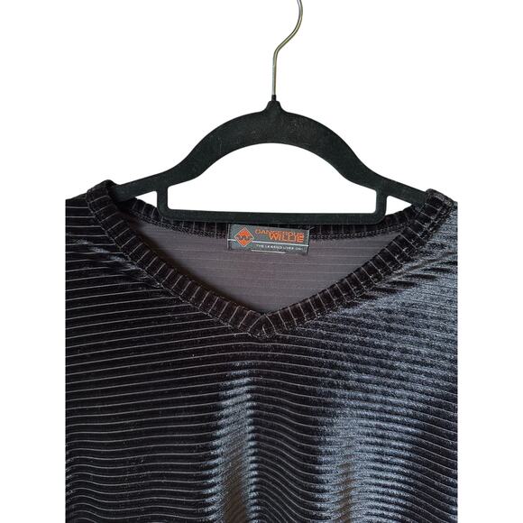 *SOLD* VTG 90s Dangerous Willie Velour Ribbed Stretch Black V-Neck Shirt Size L - Picture 2 of 4